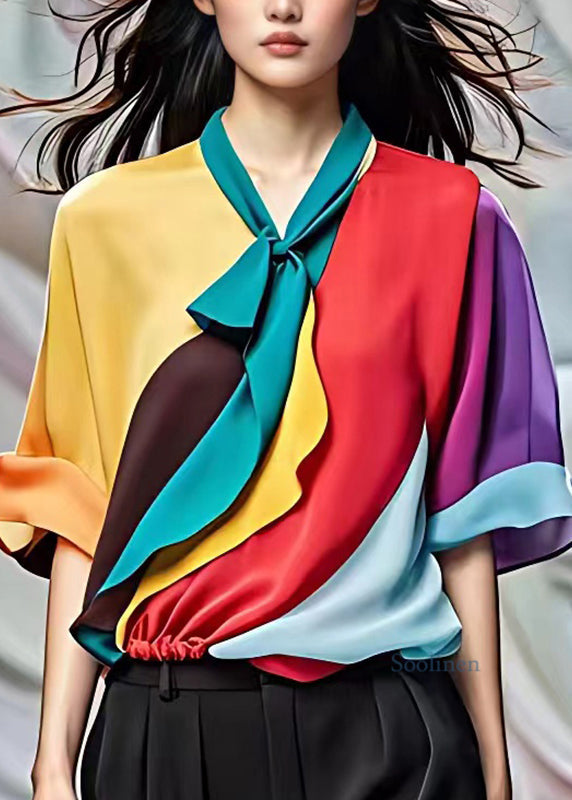 Yellow Bow Wrinkled Patchwork Chiffon Shirt Summer