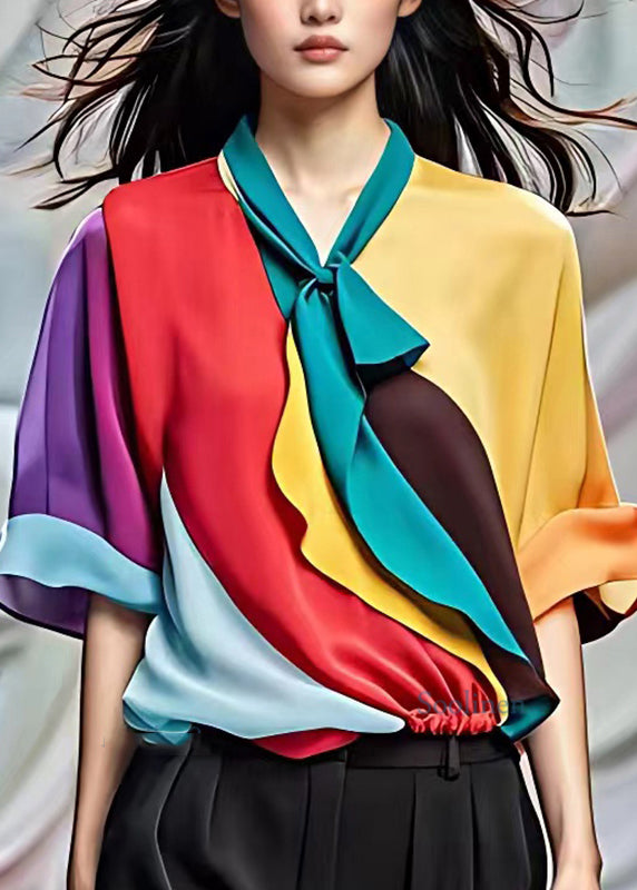 Yellow Bow Wrinkled Patchwork Chiffon Shirt Summer