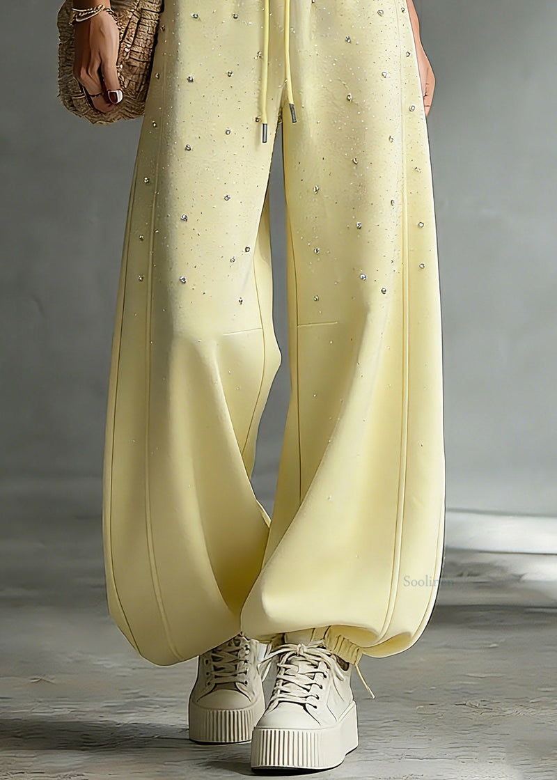 Yellow Drawstring Pockets Patchwork Rivet Lantern Pants Spring