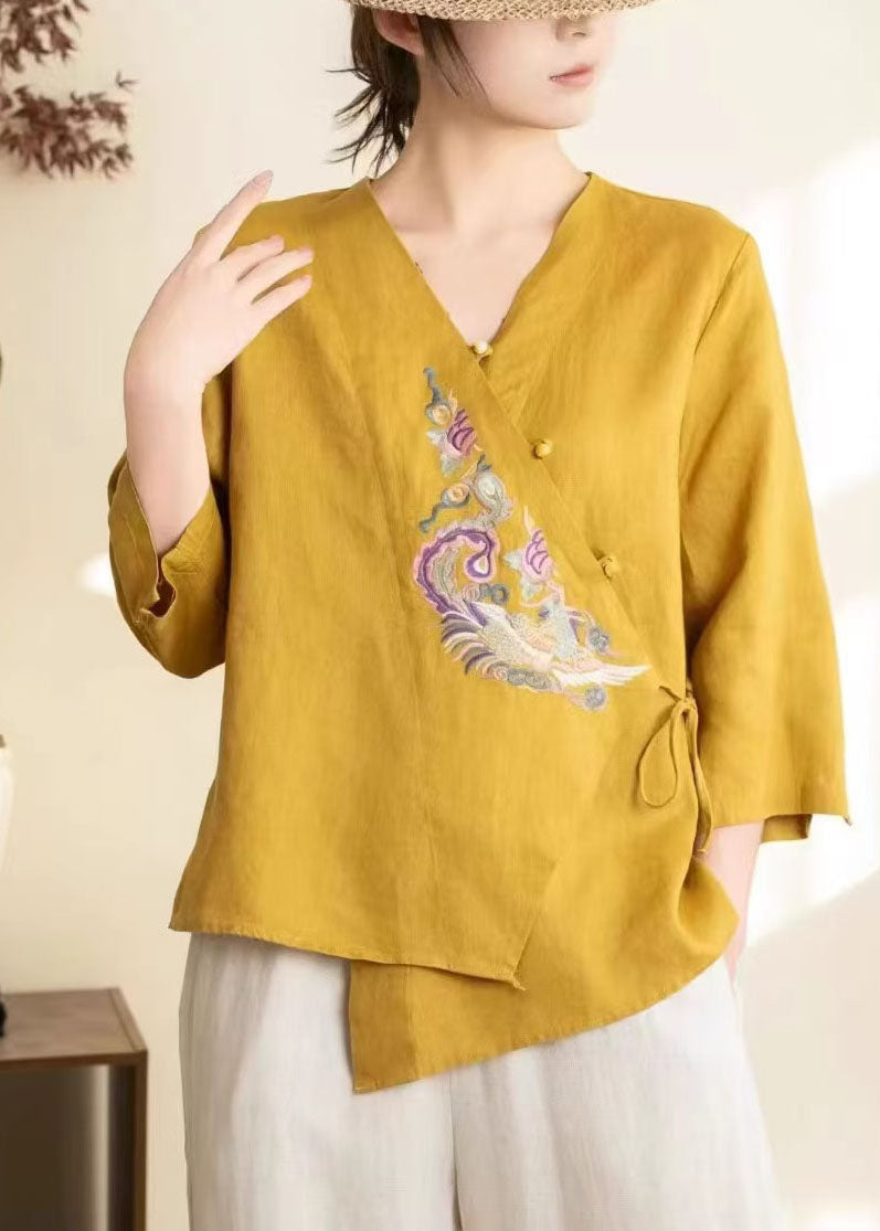 Yellow Embroidered Lace Up Linen Shirts Spring
