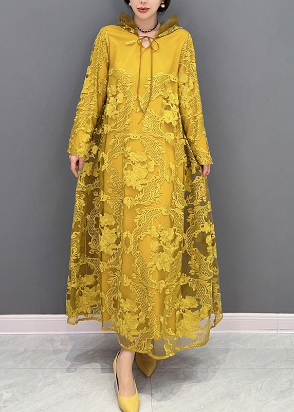 Yellow Embroideried Neck Tie Tulle Maxi Dresses Long Sleeve