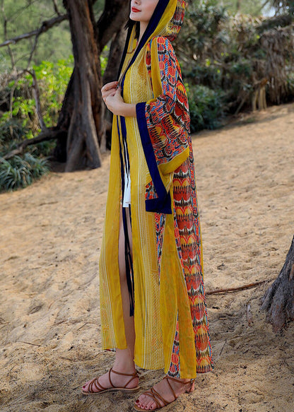 Yellow Hooded Print Chiffon Long Cardigan Flare Sleeve