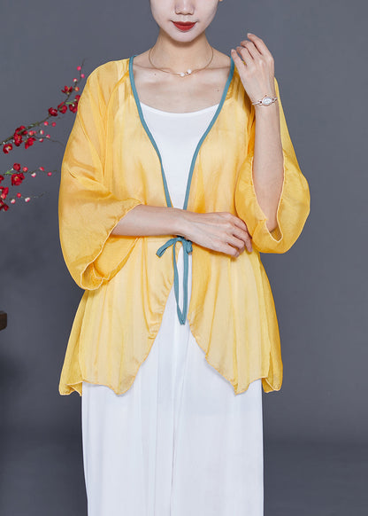Yellow Lace Up Hollow Out Chiffon Blouses Bracelet Sleeve