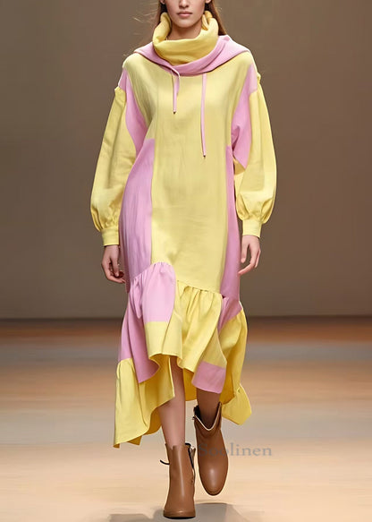 Yellow Lace Up Patchwork Cotton Long Dresses Fall