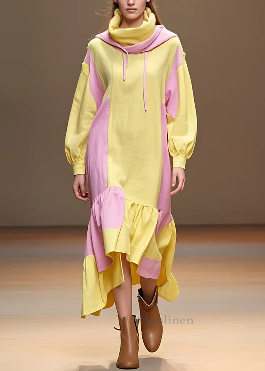 Yellow Lace Up Patchwork Cotton Long Dresses Fall