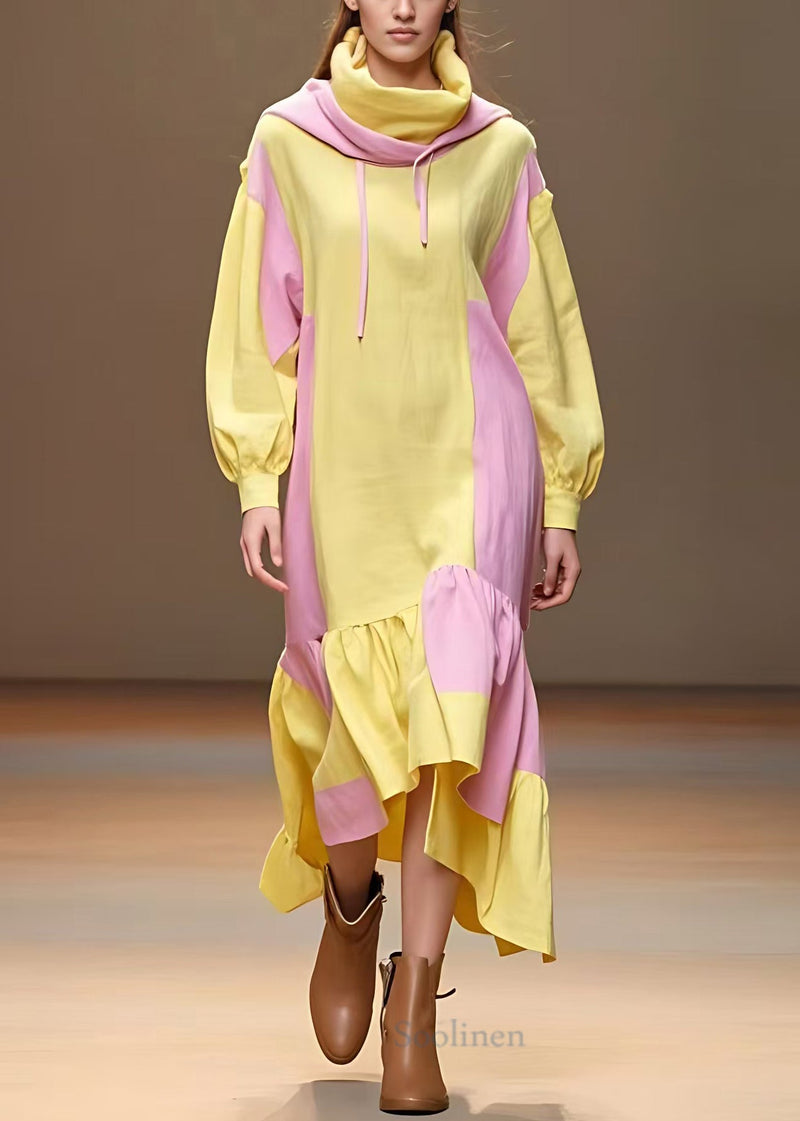 Yellow Lace Up Patchwork Cotton Long Dresses Fall