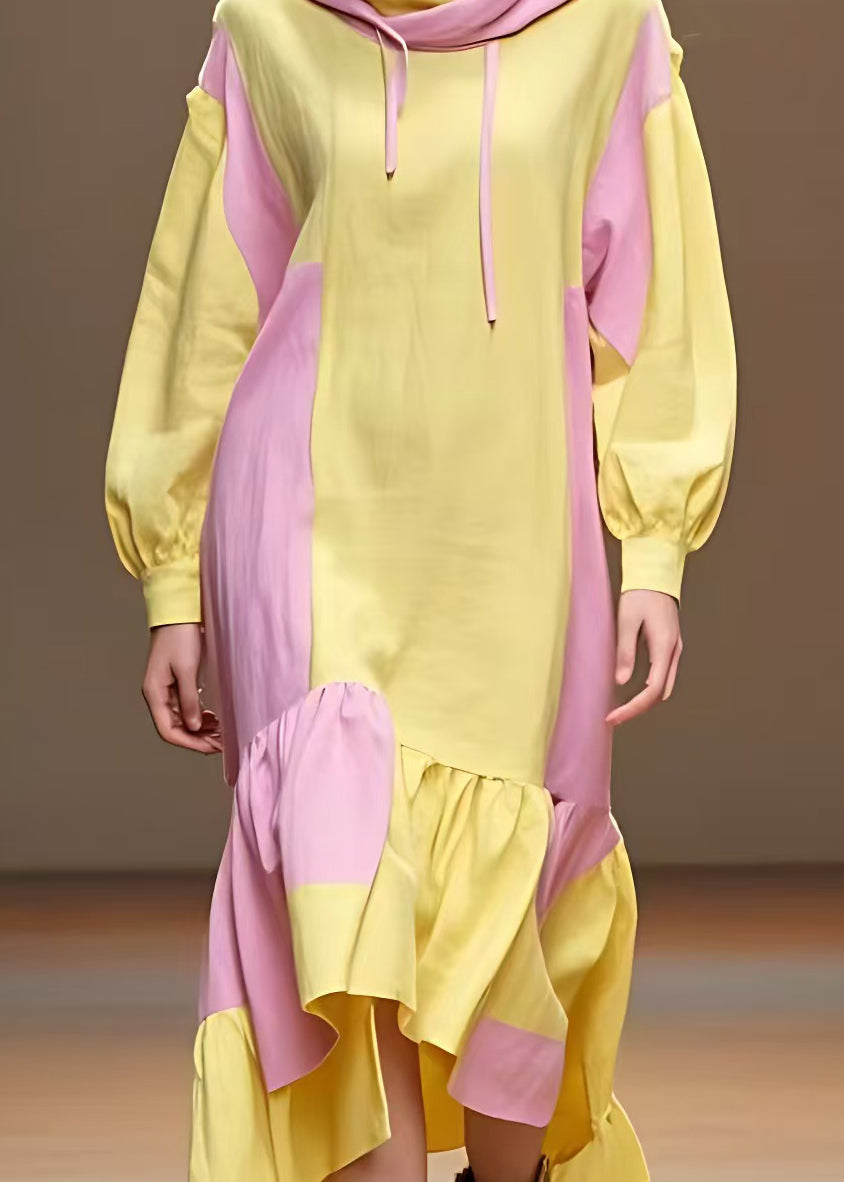 Yellow Lace Up Patchwork Cotton Long Dresses Fall