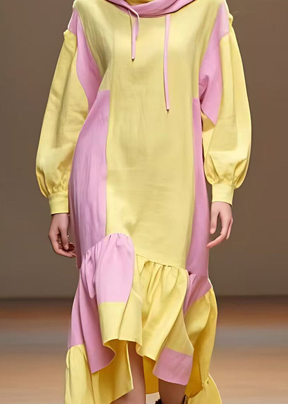 Yellow Lace Up Patchwork Cotton Long Dresses Fall