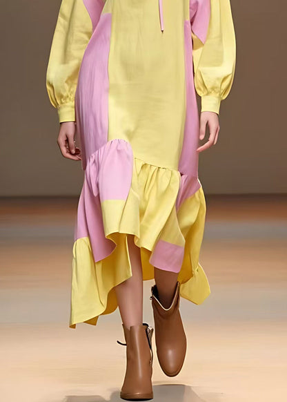 Yellow Lace Up Patchwork Cotton Long Dresses Fall
