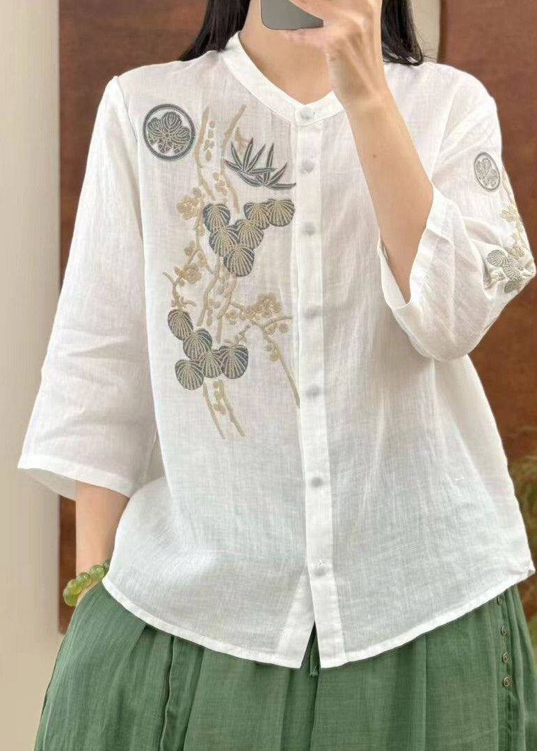 Yellow O-neck Embroidered Button Linen Top Three Quarter Sleeve