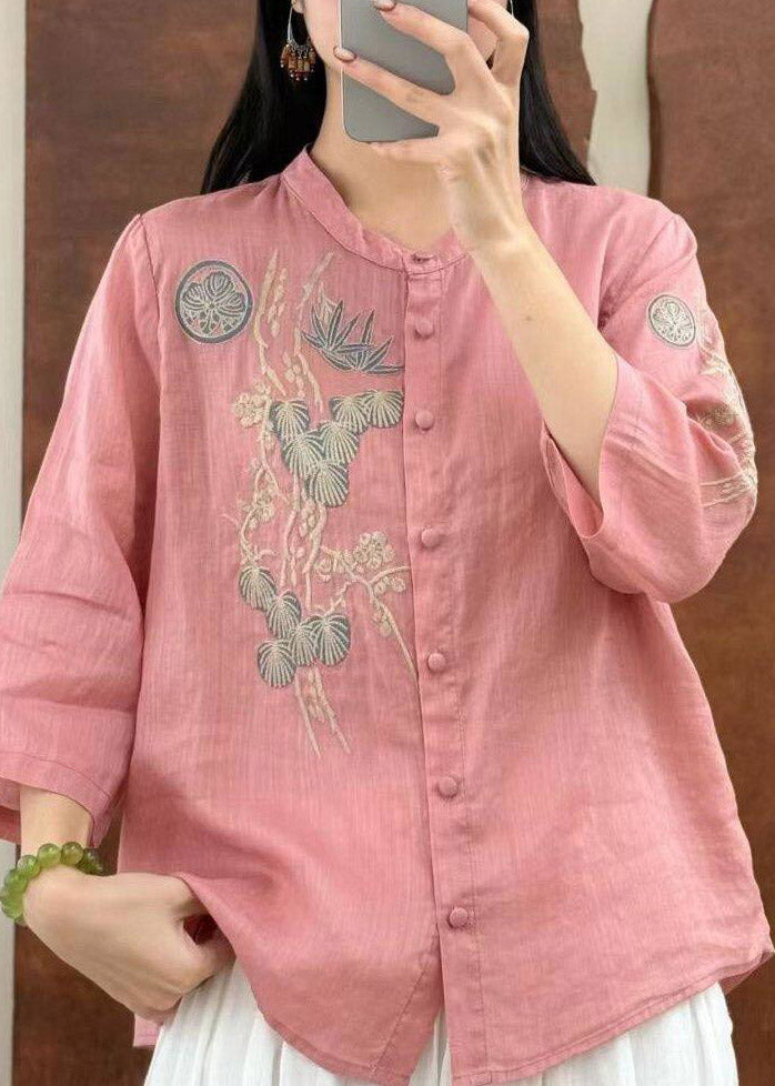 Yellow O-neck Embroidered Button Linen Top Three Quarter Sleeve