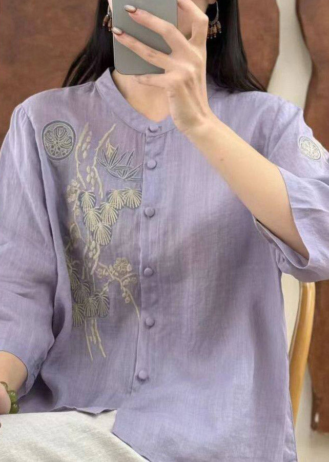 Yellow O-neck Embroidered Button Linen Top Three Quarter Sleeve