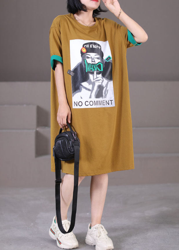 Yellow O-neck Patchwork Applique Side Open Cotton Maxi Dress Short Sleeve