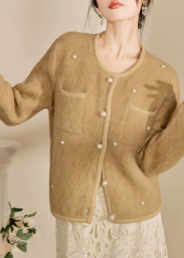 Yellow O Neck Pockets Button Woolen Coat Spring