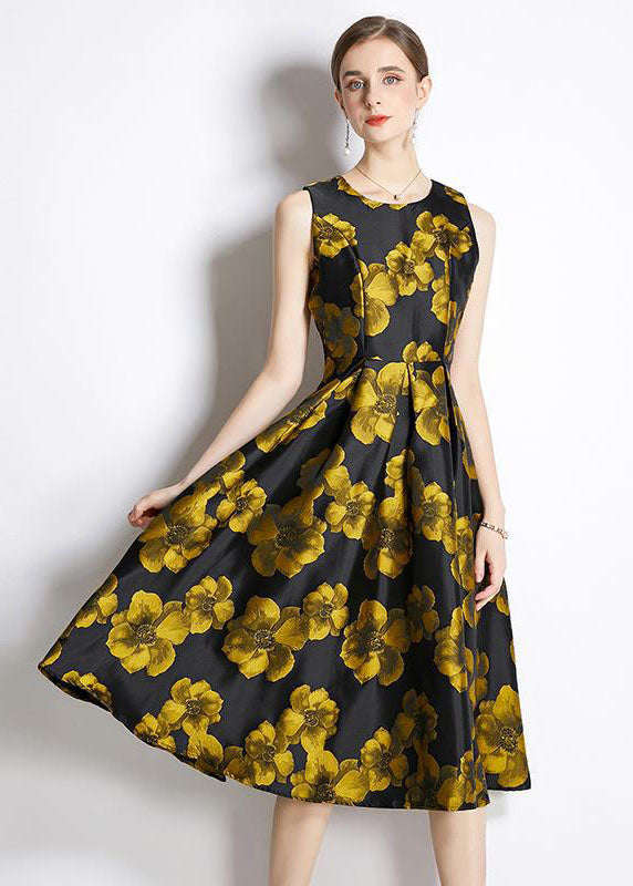Yellow O-neck Print Silk a Line Dress Sleeveless