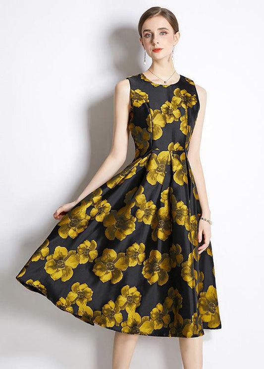 Yellow O-neck Print Silk a Line Dress Sleeveless