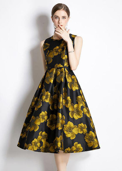 Yellow O-neck Print Silk a Line Dress Sleeveless