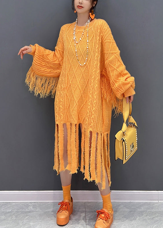 Yellow O-neck Tassel Knit Long Dresses Fall