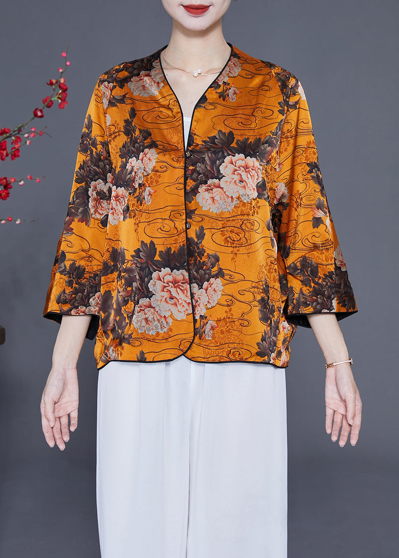 Yellow Oversized Print Silk Tops Bracelet Sleeve