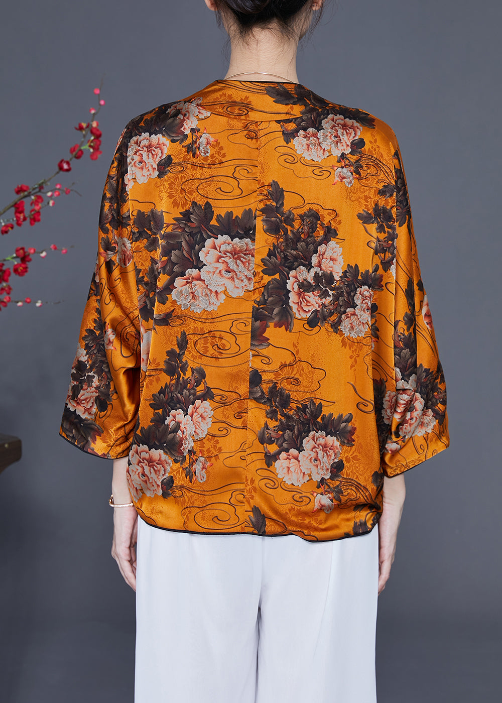 Yellow Oversized Print Silk Tops Bracelet Sleeve
