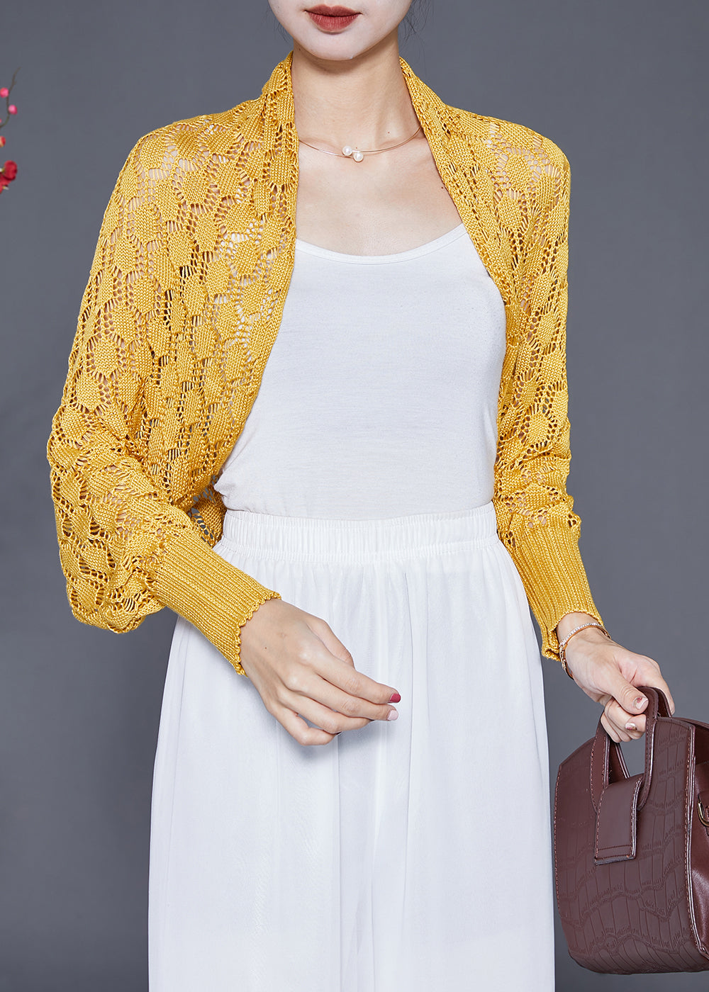 Yellow Oversized Hollow Out Knit Cardigan Fall
