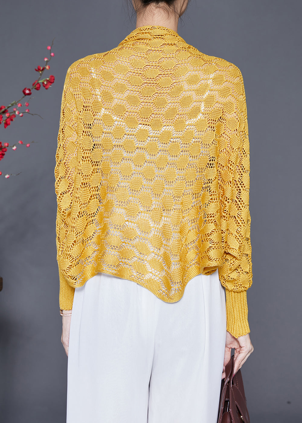 Yellow Oversized Hollow Out Knit Cardigan Fall