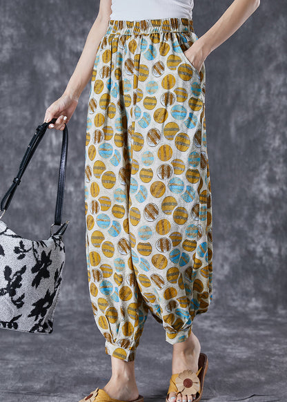 Yellow Oversized Print Pockets Linen Silk Pants Summer