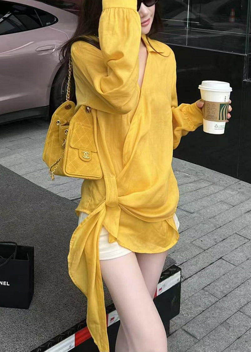 Chic Yellow Peter Pan Collar Asymmetrical Cotton Shirts Fall