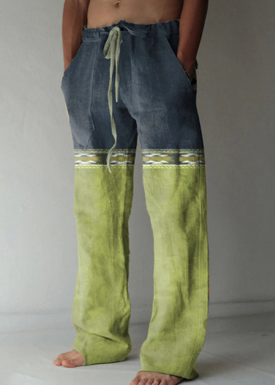 Yellow Print Elastic Waist Patchwork Cotton Pants Summer