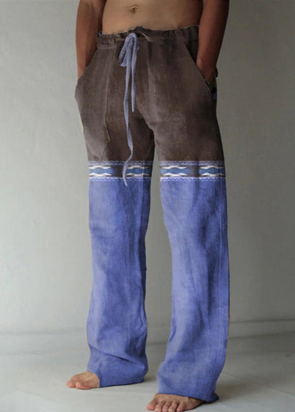Yellow Print Elastic Waist Patchwork Cotton Pants Summer