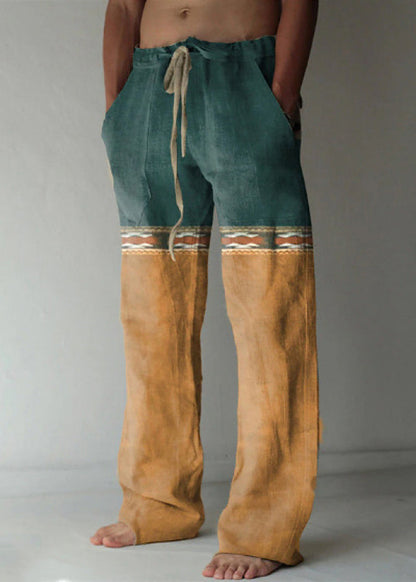 Yellow Print Elastic Waist Patchwork Cotton Pants Summer