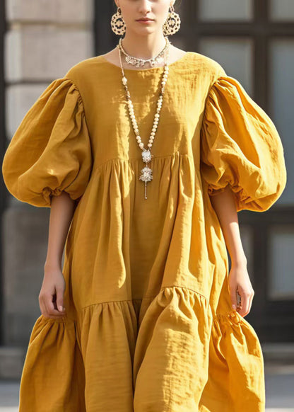 Yellow Puff Sleeve Oversized Cotton Vestidos Dress