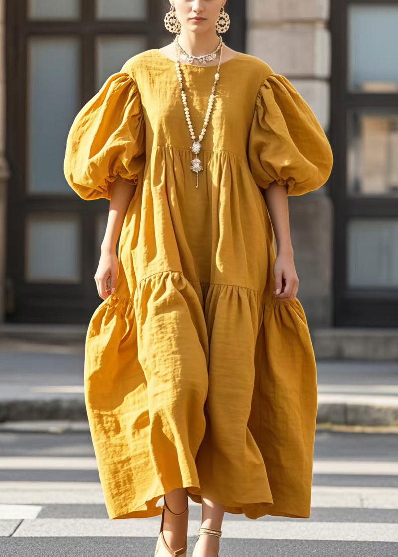 Yellow Puff Sleeve Oversized Cotton Vestidos Dress