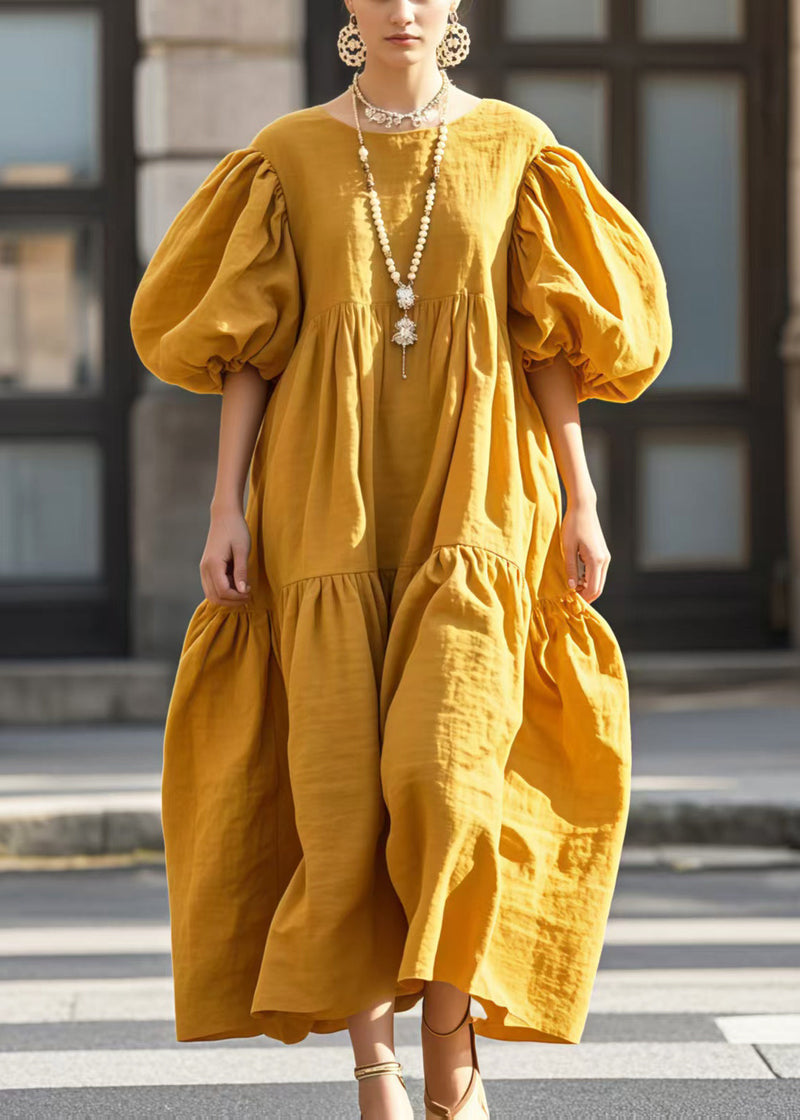 Yellow Puff Sleeve Oversized Cotton Vestidos Dress