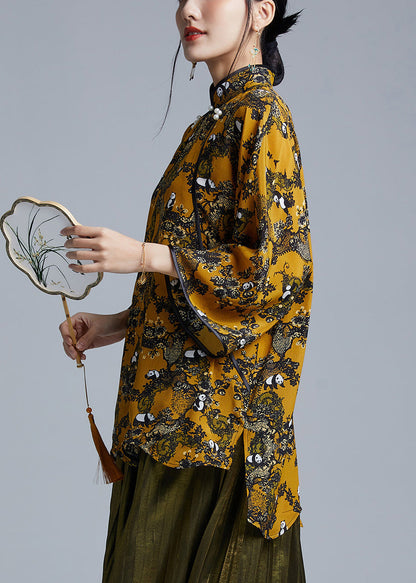 Chic Yellow Stand Collar Button Low High Design Silk Shirts Spring
