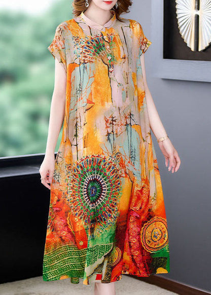 Yellow Stand Collar Print Patchwork Silk Dress Summer