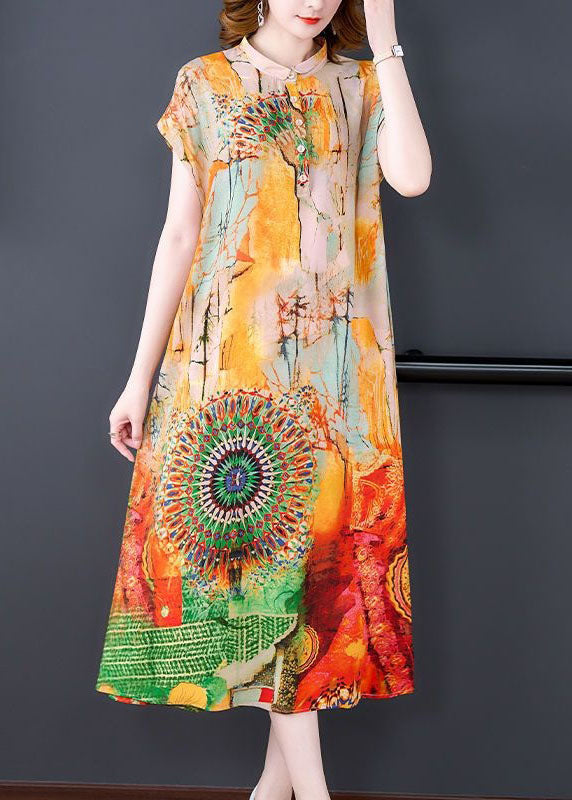Yellow Stand Collar Print Patchwork Silk Dress Summer