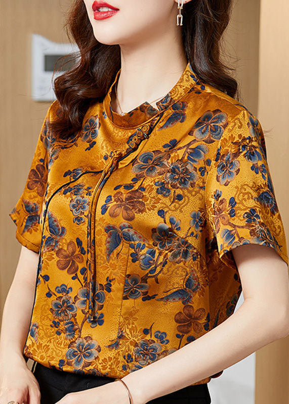 Yellow Stand Collar Print Tassel Oriental Silk Shirts Short Sleeve