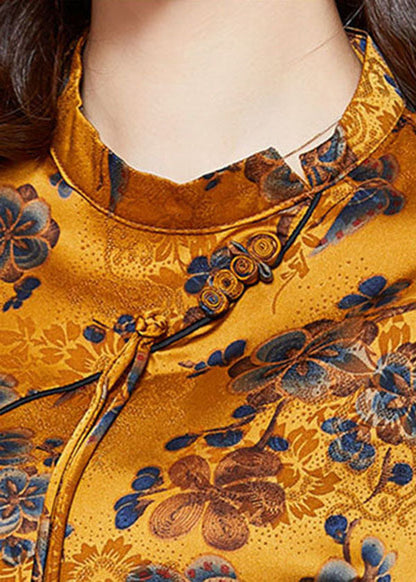 Yellow Stand Collar Print Tassel Oriental Silk Shirts Short Sleeve