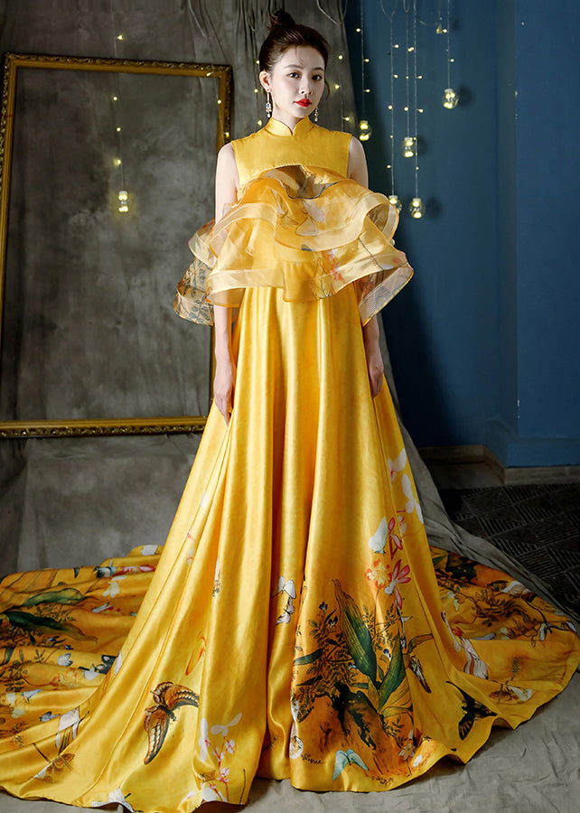 Yellow Stand Collar Print Tulle Patchwork Trailing Dresses Sleeveless