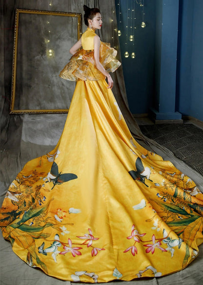 Yellow Stand Collar Print Tulle Patchwork Trailing Dresses Sleeveless
