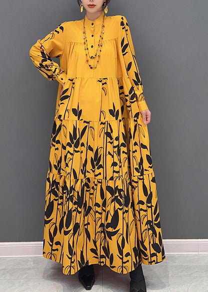 Yellow Stand Collar Print Wrinkled Button Maxi Dresses Long Sleeve