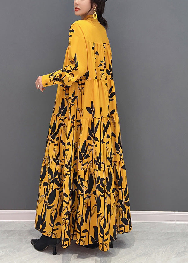 Yellow Stand Collar Print Wrinkled Button Maxi Dresses Long Sleeve