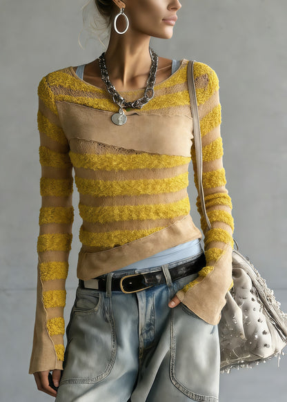 Chic Yellow Striped Patchwork Knit Top Spring