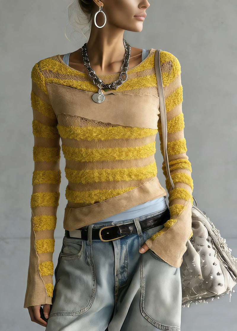 Yellow Striped Patchwork Knit Top Spring