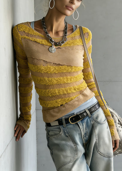Chic Yellow Striped Patchwork Knit Top Spring