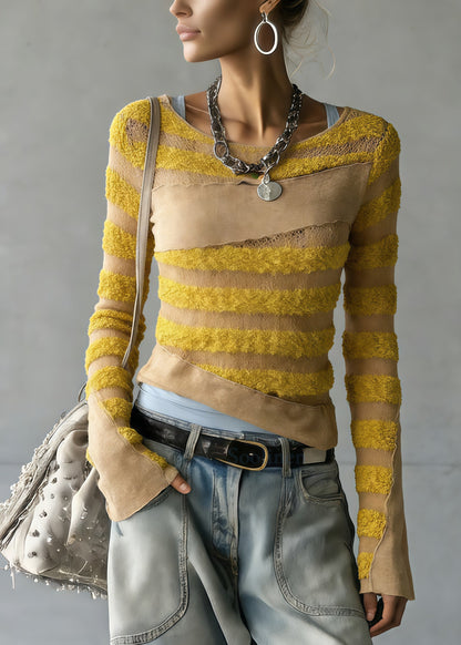 Chic Yellow Striped Patchwork Knit Top Spring