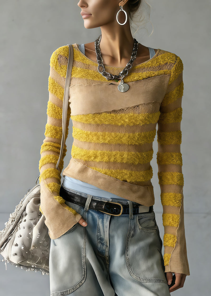 Yellow Striped Patchwork Knit Top Spring