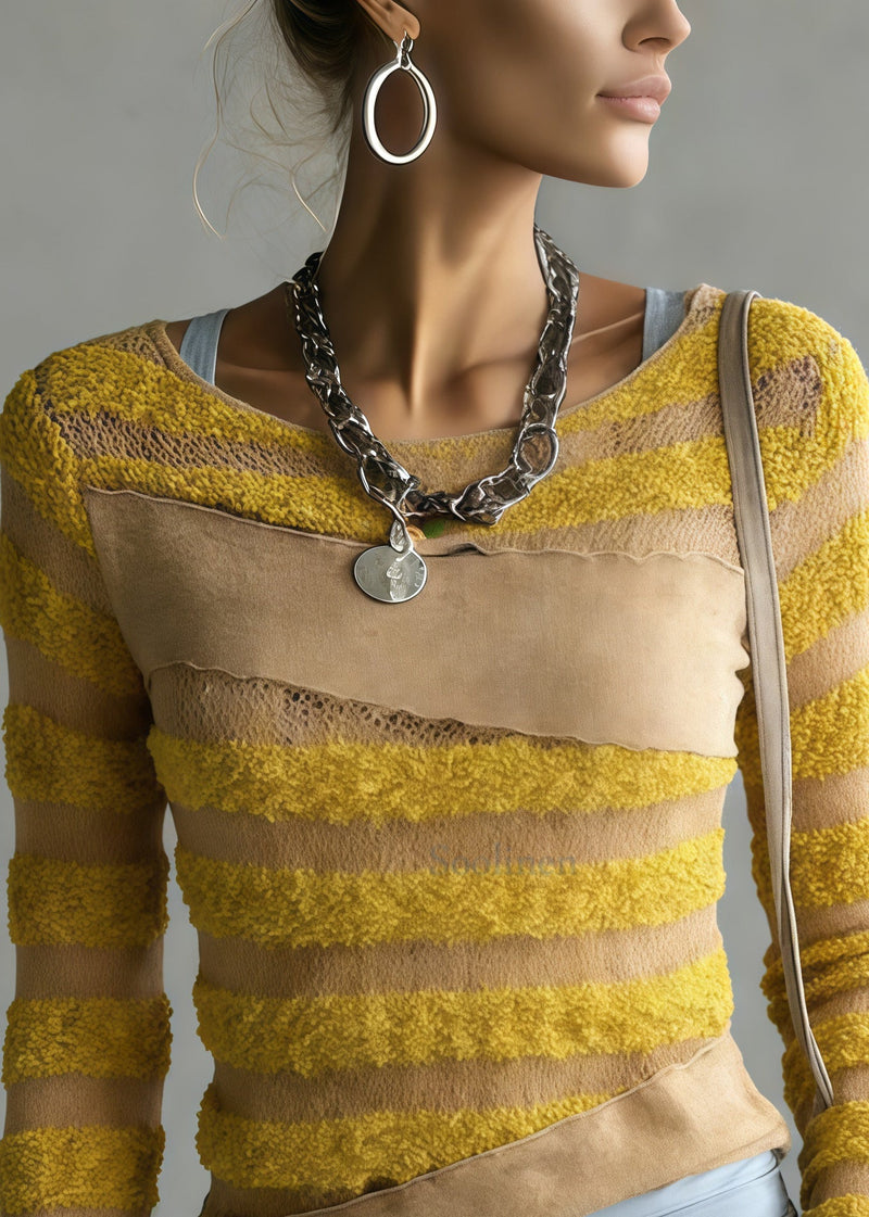 Yellow Striped Patchwork Knit Top Spring