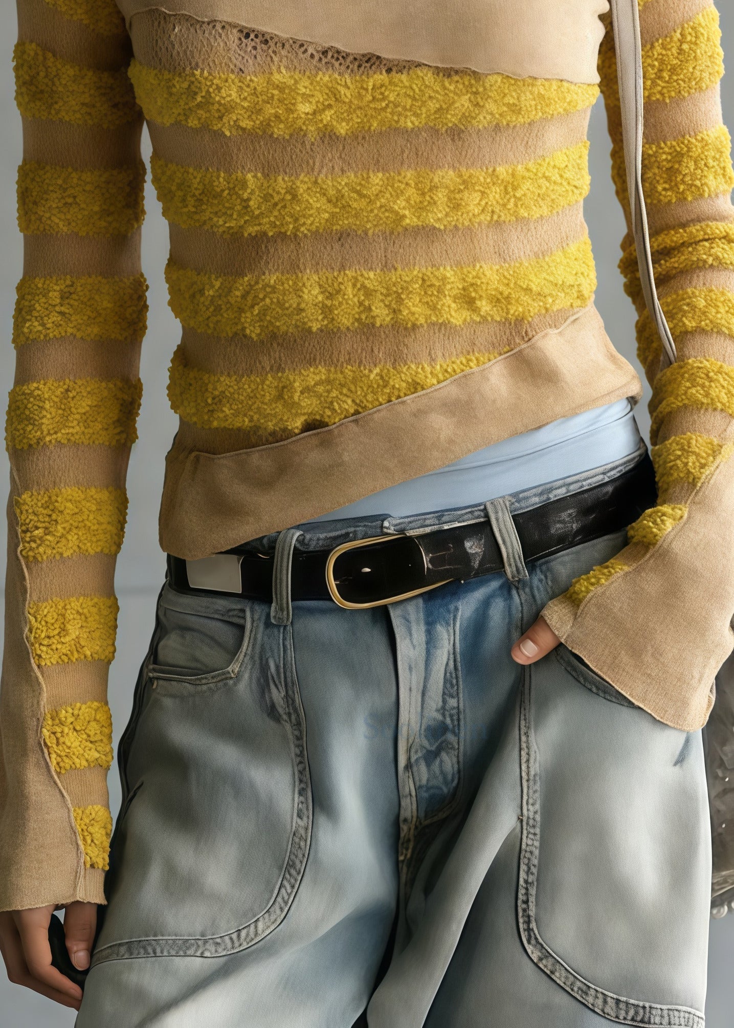 Chic Yellow Striped Patchwork Knit Top Spring
